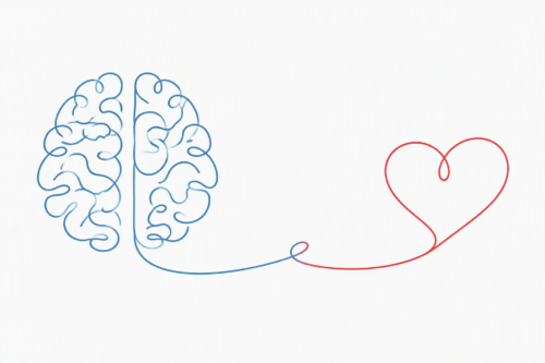 cervello e cuore stilizzati e collegati da un filo sottile